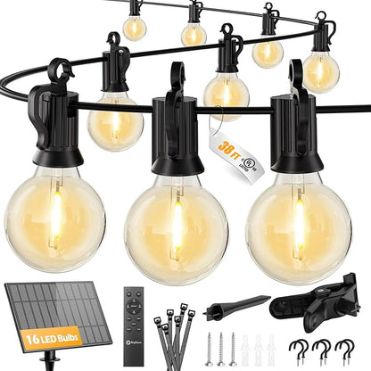Brightown 38FT 16LED Solar String Lights Outdoor with Remote & USB Port, Shatterproof Bulbs, Dimmable & Timable, 3 Modes, Patio Lights Solar Powered with Mount Clips for Camping Backyard Garden Decor