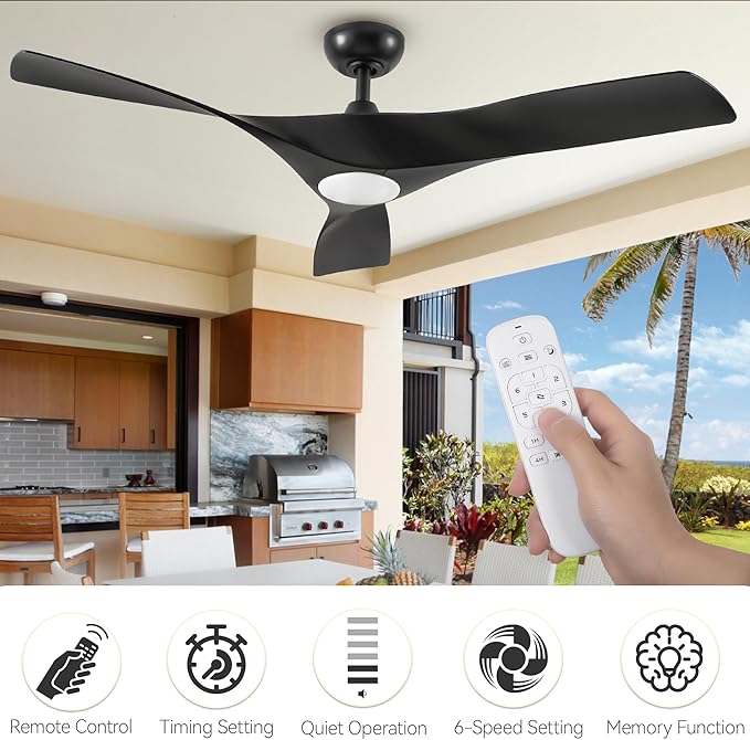 DWVO Ceiling Fan with Light, 52" Ceiling Fan with Remote, LED Tri-Color Temperature, 3 Blade Ceiling Fans Reversible 6 Speeds w/Quiet DC Motor for Bedroom, Living Room, Dining Room, Patio