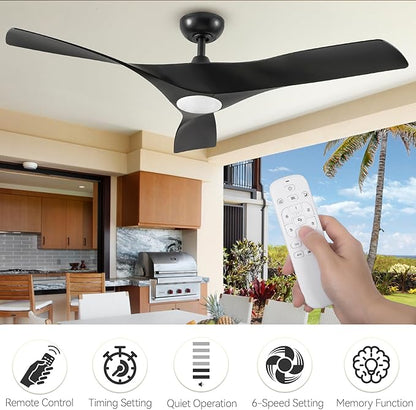 DWVO Ceiling Fan with Light, 52" Ceiling Fan with Remote, LED Tri-Color Temperature, 3 Blade Ceiling Fans Reversible 6 Speeds w/Quiet DC Motor for Bedroom, Living Room, Dining Room, Patio