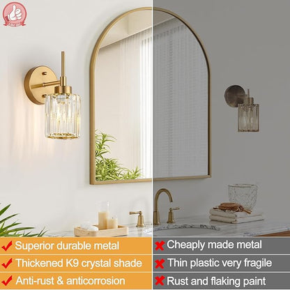 Modern Crystal Bathroom Vanity Light, 2-Pack Brushed Gold Vanity Light with Clear Crystal Shades, Bathroom Light Fixtures Over Mirror (Bulbs Not Included)
