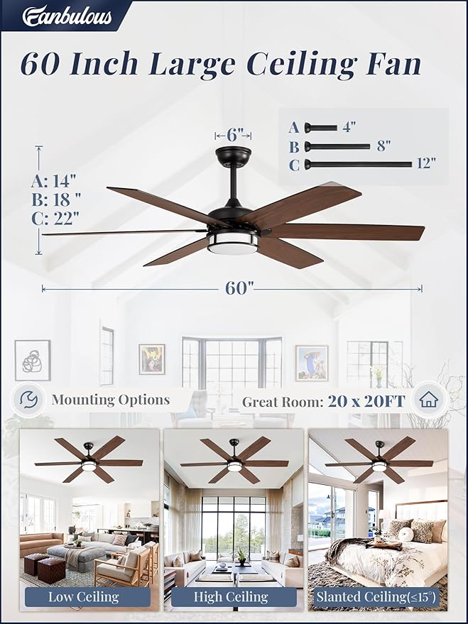 Fanbulous 60 Inch Ceiling Fans with Lights, Farmhouse Large Ceiling Fans with Remote, Black&Brown Modern Ceiling Fan with LED Light, Quiet DC Motor for Living Room, Bedroom, Kitchen, Indoor