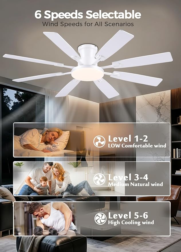 JSAITEE 60Inch Ceiling Fan with Lights and Remotes, Large Low Profile Flush Mount Ceiling Fans,DC Reversible Motor, 3CCT Dimmable,Noiseless,Dual Finish, White 6 Speeds Ceiling Fan for Indoor/Outdoor
