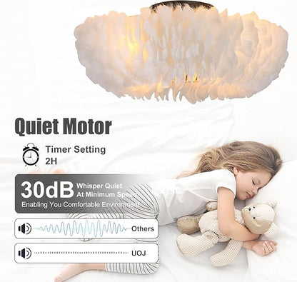 20" Modern Ceiling Fans with Lights and Remote Control，White Feather Chandeliers Stylish Low Profile Ceiling Fan for Bedroom, Living Room and Small Spaces,Featuring Reversible Motor, 6 Speeds