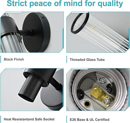 Bathroom Light Fixtures 2 Pack Hardwired, Black Wall Sconce Threaded Glass Vanity Light Featuring Two E26 sockets, Bathroom Wall Light Dimmable - Bulb Not Included, UL Certification