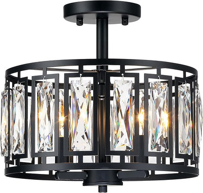 Modern Crystal Semi Flush Mount Ceiling Light Black Close to Ceiling Light Fixtures,3-Light Ceiling Light for Dining Room Bedroom Kitchen Island Hallway Entryway