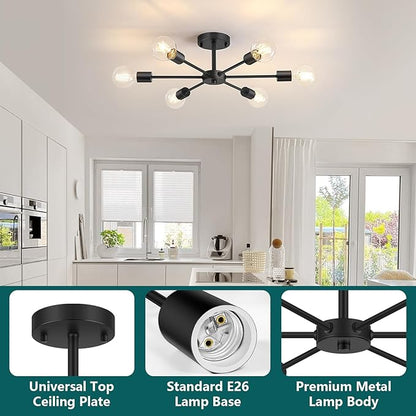 Lomoky 6-Lights Semi Flush Mount Ceiling Light, Matte Black Close to Ceiling Lighting with E26 Base, Modern Sputnik Light Fixtures for Kitchen Dining Room Bedroom Living Room