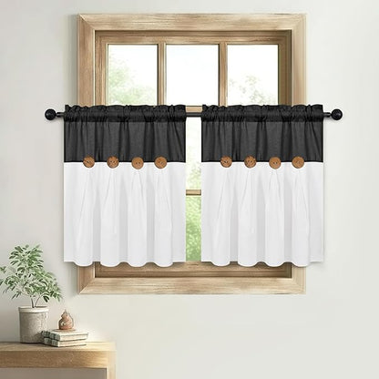 Boho Kitchen Curtains 24 Inch Length, Farmhouse Cotton Linen Tier Curtains, Rustic Button Short Curtain for Windows, Black Country Cafe Curtain, Rod Pocket Small Window Drapes for Kitchen, 26x24