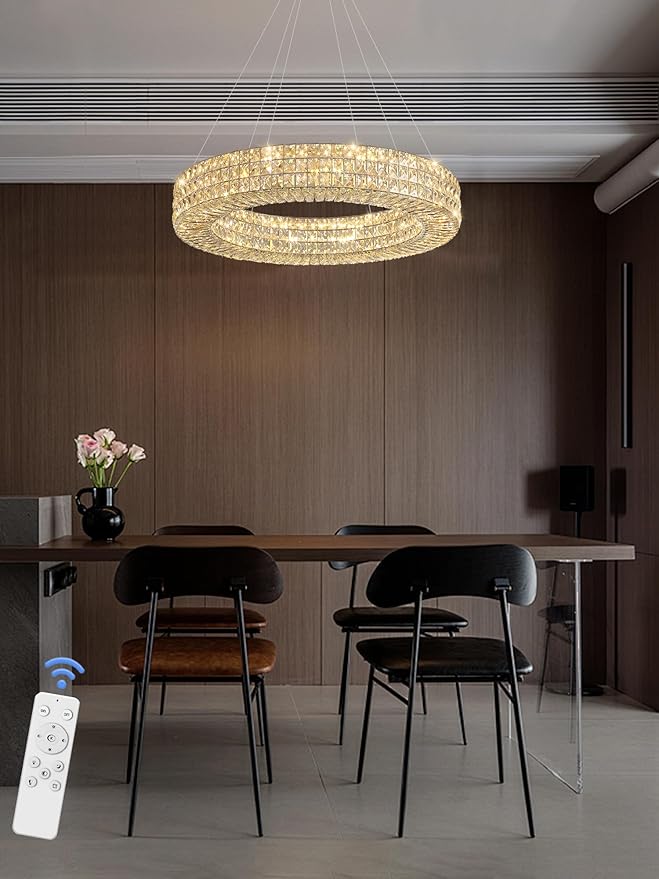 ykolupty Dia 24" Modern Crystal Chandelier Silver Ring Chandelier Adjustable Height Luxury Crystal Pendant Ceiling Light Fixture for Dining Living Room Bedroom