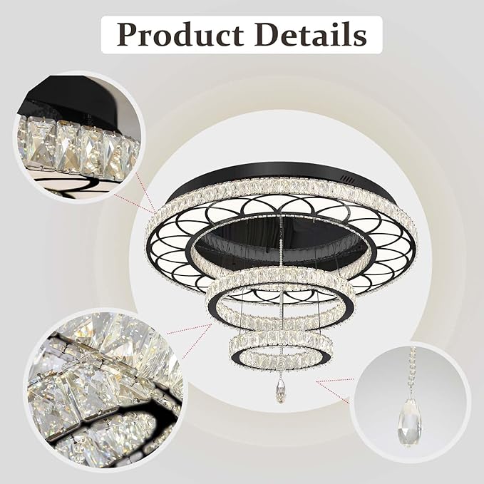 Flashing God W40'' Modern Chandeliers for Living Room Large Crystal Chandelier Flush Mount Crystal Ceiling Light LED Dimmable Pendant Light for Hallway Entryway Foyer Black