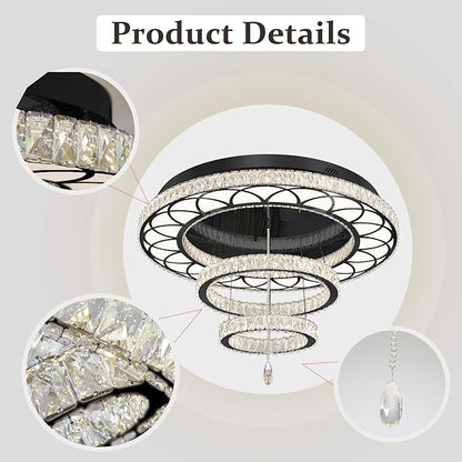 Flashing God W40'' Modern Chandeliers for Living Room Large Crystal Chandelier Flush Mount Crystal Ceiling Light LED Dimmable Pendant Light for Hallway Entryway Foyer Black