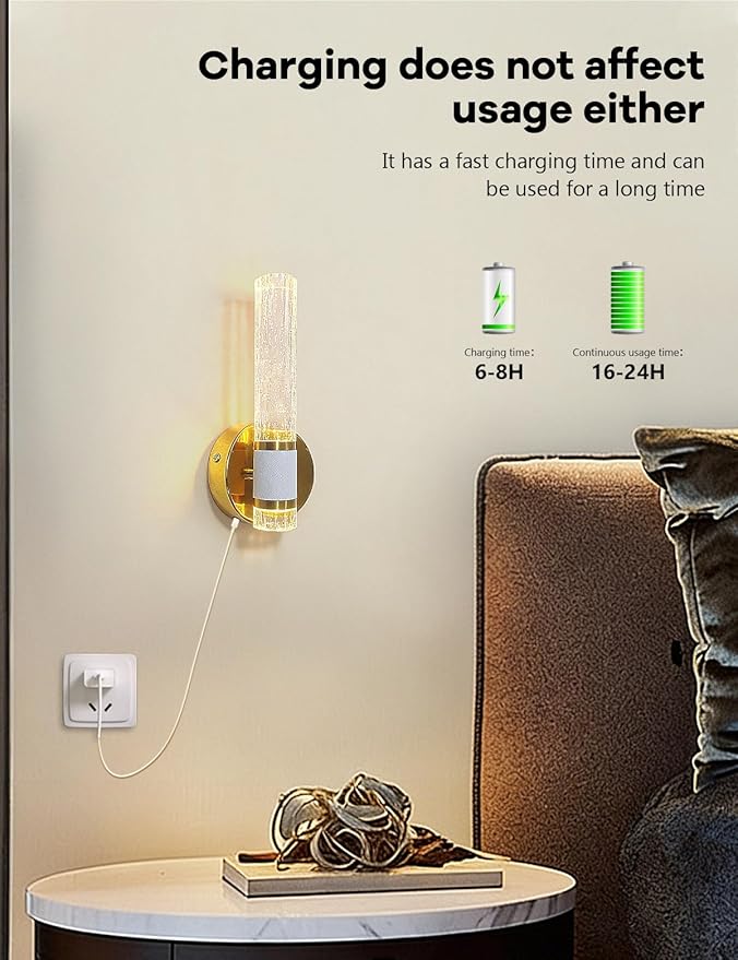 Gold Battery Operated Wall Sconces Set of Two, Dimmable Timer Wall Lamp Wireless Rechargeable Wall Light for Home Decor Living Room Bedroom Bedside Study Room Bathroom