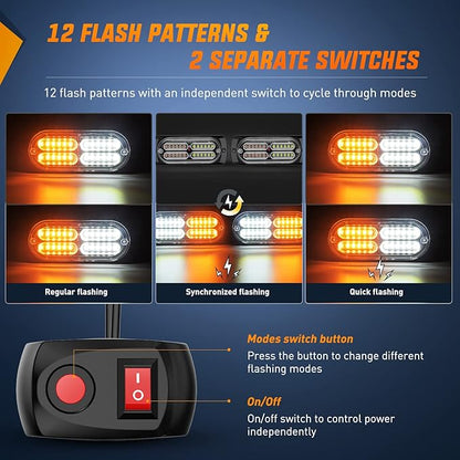 Nilight 4PCS LED Strobe lights 12V Sync Feature Amber White 24LED Emergency Hazard Warning Lights with Controller Hard Wire or Cigarette Lighter Plug for Car Truck RVs Campers