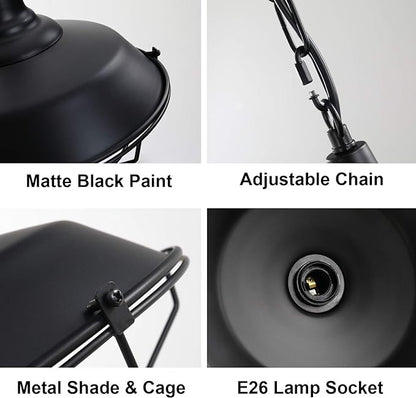 Black Farmhouse Pendant Light - 2 Pack Industrial Vintage Hanging Light Fixtures Metal Wire Cage Pendant Lighting with Adjustable Chain for Kitchen Barn Hallway Porch Dining Room