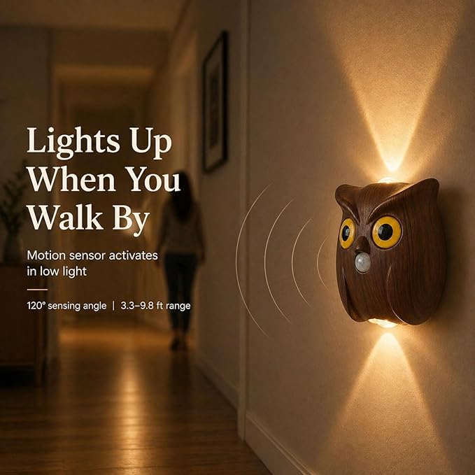 2-Pack Walnut Owl Wall Lamp, Cute LED Night Light for Bedroom Decor, Warm Ambient Lighting for Kids Room, Nursery & Hallway, Creative Animal Wall Light, Gift for Home Decoration