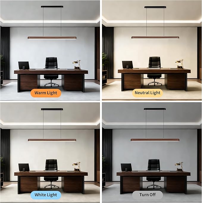47" Wood Grain Pendant Lights Kitchen Island Lights LED Linear Hanging Light Modern Chandelier for Dining Room Table Dimmable with Remote Control & Memory Function Lighting Fixture