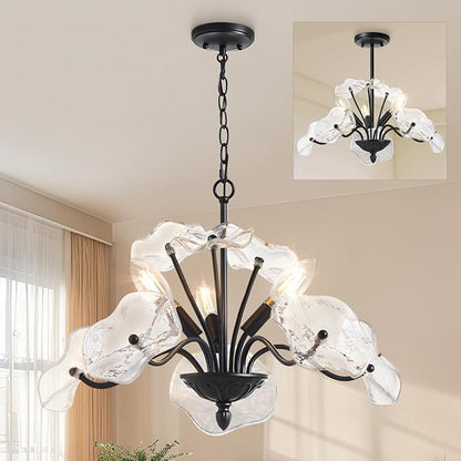 Luvkczc Black Chandelier,Vintage Flower Glass Pendant Light Fixture,Mid Century Ceiling Light Fixture for Dining Room, Kitchen, Living Room, Bedroom Hallway Porch,3 Lights