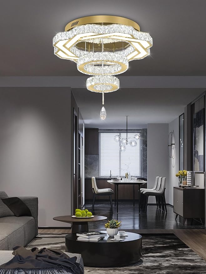 Flashing God Modern Crystal Chandeliers Dia 24" Gold Ceiling Chandelier Flush Mount Crystal Ceiling Light for Bedroom Living Room Dining Room Hallway LED Dimmable