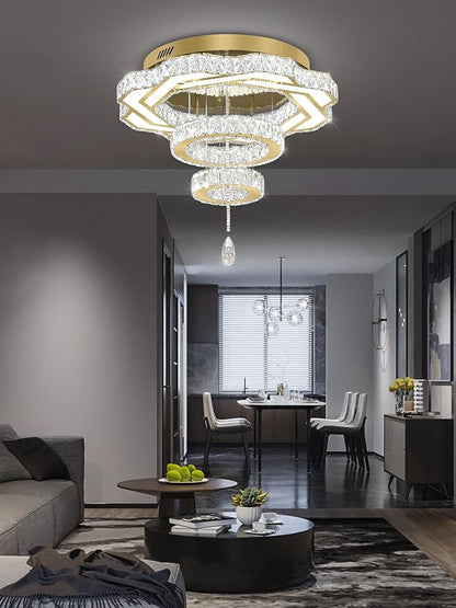 Flashing God Modern Crystal Chandeliers Dia 24" Gold Ceiling Chandelier Flush Mount Crystal Ceiling Light for Bedroom Living Room Dining Room Hallway LED Dimmable