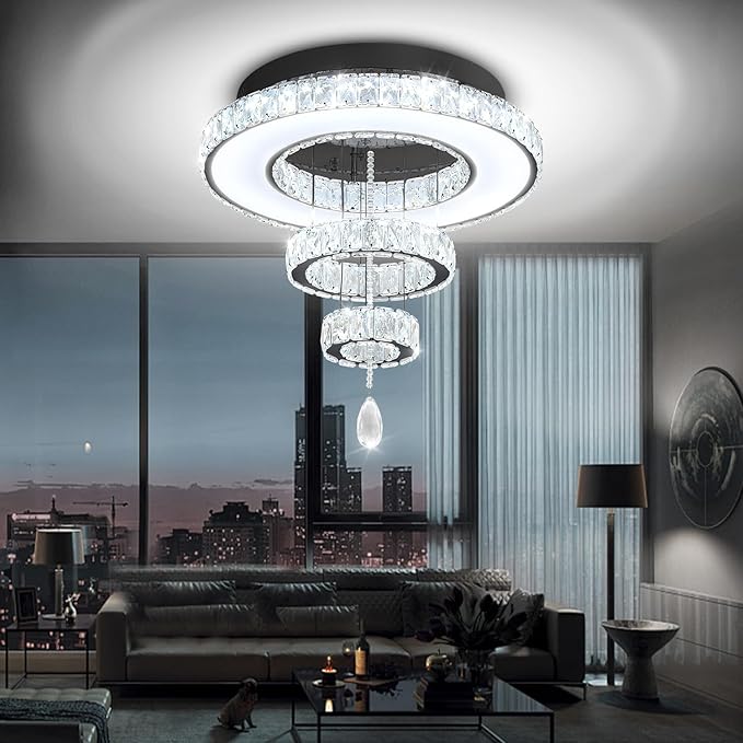 Flashing God Dia 20" Crystal Chandeliers Black Modern Living Room Chandelier LED Crystal Ceiling Light Flush Mount Chandelier for Bedroom Dining Room Entryway