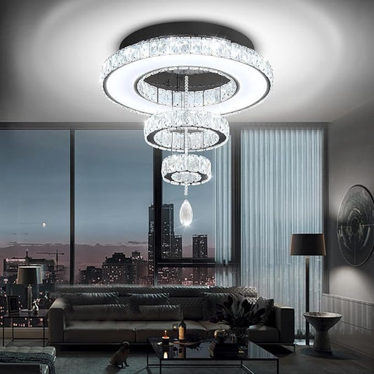Flashing God Dia 20" Crystal Chandeliers Black Modern Living Room Chandelier LED Crystal Ceiling Light Flush Mount Chandelier for Bedroom Dining Room Entryway