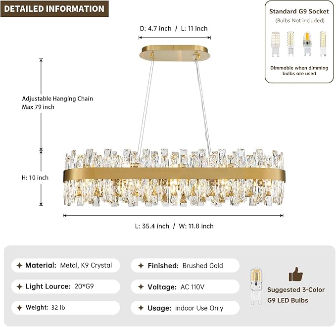 Modern Brass Gold Crystal Chandelier, Rectangle K9 Crystal Raindrop Chandelier Lights, Contemporary Ceiling Hanging Light Fixtures for Kitchen Island Dining Room, Length 35.4 inches