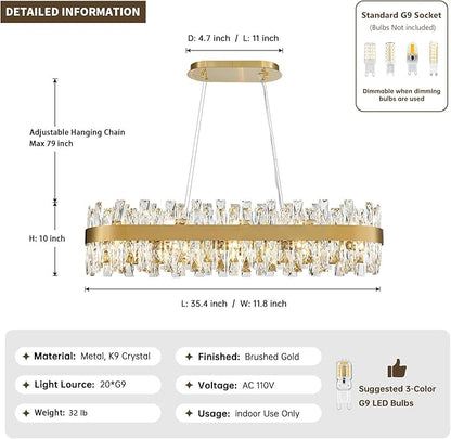 Modern Brass Gold Crystal Chandelier, Rectangle K9 Crystal Raindrop Chandelier Lights, Contemporary Ceiling Hanging Light Fixtures for Kitchen Island Dining Room, Length 35.4 inches