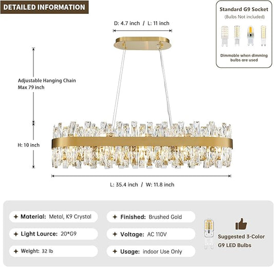 Modern Brass Gold Crystal Chandelier, Rectangle K9 Crystal Raindrop Chandelier Lights, Contemporary Ceiling Hanging Light Fixtures for Kitchen Island Dining Room, Length 35.4 inches