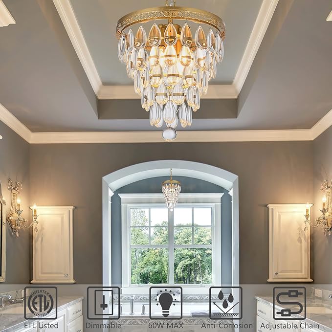 4 Light Chandeliers for Dining Room, K9 Crystal 5-Tier Vintage Gold Chandelier Light Fixture Pendant Lights Kitchen Island,Modern Chandeliers for Bedroom,Entryway