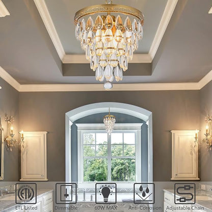 4 Light Chandeliers for Dining Room, K9 Crystal 5-Tier Vintage Gold Chandelier Light Fixture Pendant Lights Kitchen Island,Modern Chandeliers for Bedroom,Entryway