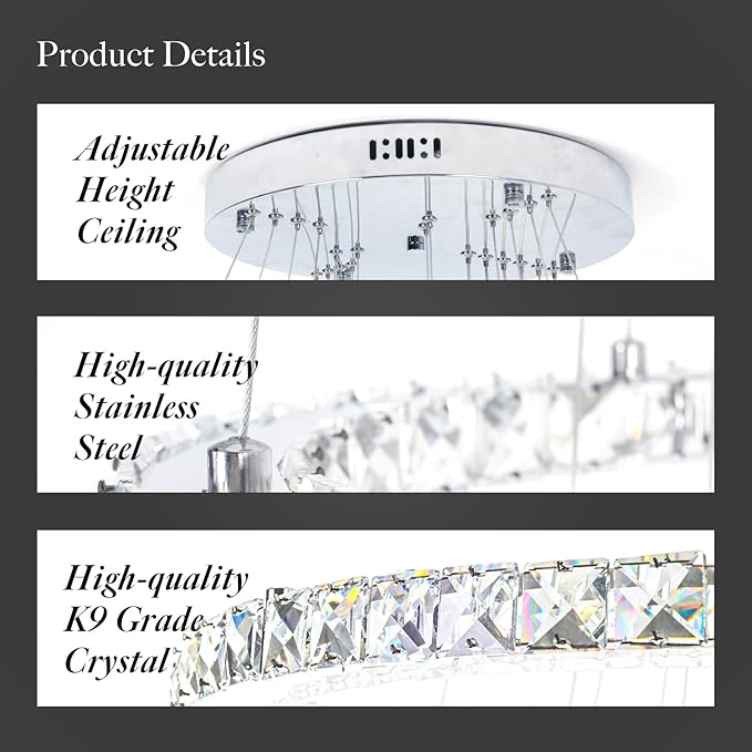 Dimmable Crystal LED Chandelier(3000-6500K) for High Ceiling – Remote Control, Adjustable Height, Modern Stainless Steel Fixture for Foyer, Staircase, Living Room(Chrome 4-Ring)