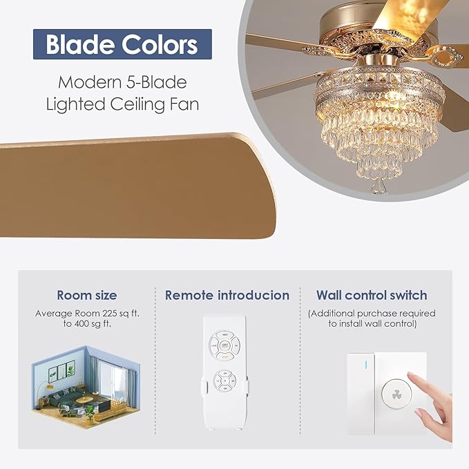 52“Crystal Ceiling Fan Fandelier with Lights - Modern Golden Crystal Chandelier Fans with Remote Control，Retro/Farmhouse Lighting, Dining Room,Living Room Ceiling Fan Light with Noiseless DC Motor