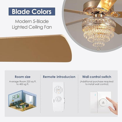 52“Crystal Ceiling Fan Fandelier with Lights - Modern Golden Crystal Chandelier Fans with Remote Control，Retro/Farmhouse Lighting, Dining Room,Living Room Ceiling Fan Light with Noiseless DC Motor