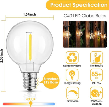 Mlambert G40 LED Replacement Light Bulbs for String Lights, Dimmable E12 Base Shatterproof Bulbs, 1W Equal to 5W, Neutral White 4000K, 25Pack, Not Solar