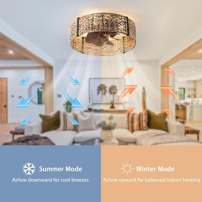 Ganeed 20" Boho Fandelier Ceiling Fan with Light, Rattan Caged Ceiling Fan with Light and Remote Control, Quiet Reversible Motor Enclosed Low Profile 6 Speeds for Bedroom Living Room Porch Kids Room