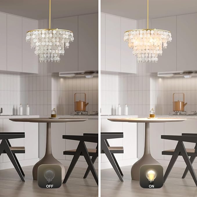 Natural Capiz Shell Chandelier, Coastal Modern Chandelier, Hanging Round Layered Pendant Lighting(4 Light, Gold)