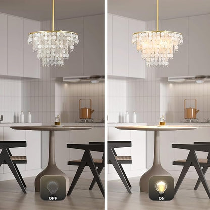 Natural Capiz Shell Chandelier, Coastal Modern Chandelier, Hanging Round Layered Pendant Lighting(4 Light, Gold)
