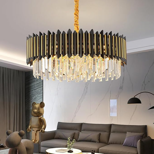 Black and Gold Chandelier 3-Tier Modern Large Crystal Chandelier Semi Flush Mount Chandelier Light Round Ceiling Light Fixture Ceiling Lamp Modern Chandelier for Dining room Living Room Kitchen