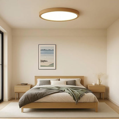 Ultra-Thin LED Ceiling Light Fixture 20.47", Handcrafted Walnut Wood Modern Wabi-Sabi Style, Slim 2.5cm Profile, 37W LED 3000K-4000K-6000K, Round Minimalist Lamp for Bedroom Kitchen Hallway