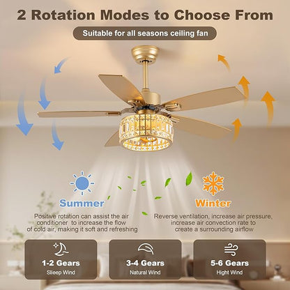 Chandelier Ceiling Fans with Lights and Remote,Caged Ceiling Fan with Light,App 5 Blades E26 Fandelier Ceiling Fans with Lights,Crystal Ceiling Fan for Bedroom,Living Room. (Gold, 42 Inch)