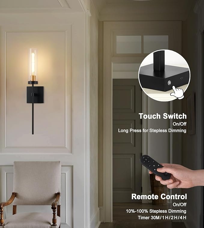 SANTOSTOCK Battery Operated Wall Sconce Set of 2, Black & Gold Wireless Sconces Wall Decor, Rechargeable Wall Lights for Bedroom Living Room Entryway Bathroom Hallway Stairwell