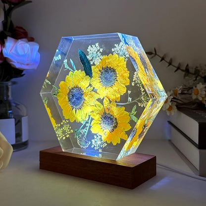Sunflower Resin Lamp, Handmade Resin Night Light with USB Port, Multi-Color LED Light, Unique Sunflower Gifts for Women & Men, Ideal Home Bedroom Decor, Birthday Sunshine Gifts for Him & Her (6"x6")