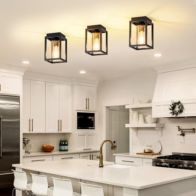 Mayful Flush Mount Ceiling Light Fixture with Clear Glass Shade, Farmhouse Black Metal Frame Light Fixture for Kitchen Island Entryway Porch Foyer Dining Room, E26 Ceramic Base