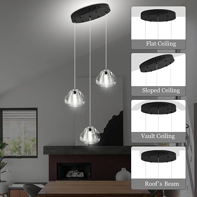 Modern Crystal Kitchen Island Chandelier 3-Lights Raindrop Pendant Light, Black Bubble Crystal LED Dining Room Bedroom Foyer Lighting Fixture