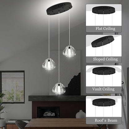 Modern Crystal Kitchen Island Chandelier 3-Lights Raindrop Pendant Light, Black Bubble Crystal LED Dining Room Bedroom Foyer Lighting Fixture