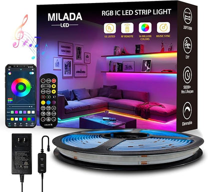 COB RGB Smart IC Strip Lights 20FT/6M UL-Listed 24V Color Flowing Strip Light Multicolor Flexible Tape Lights with APP Control Music Sync for Bedroom Gaming Party Home Decor