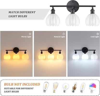 Shenmoyl Bathroom Light Fixtures, 3-Light Black Vanity wall Light Over Mirror with White Tulip Glass Shade for Bedroom Living Room (Bulb Not Included)
