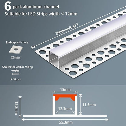 6 Pack LED Channel Plaster-in 6.6FT/2M Trimless Recessed Drywall Aluminum Channel, LED Profile for Wall and Ceiling with Milky Diffuser and End Caps.