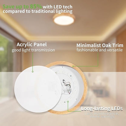 Modern LED Ceiling Light for Bedroom: Wood Flush Mount Light Fixture with Acrylic Lampshade - 3000K Not Dimmable Overhead Ceiling Lamps for Kitchen Hallway Living Room (11.8" 2 Pack)