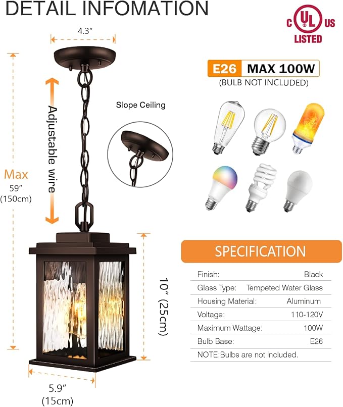 VIANlS Oil Rubbed Bronze Outdoor Pendant Light, 1 Pack Outdoor Chandelier for Porch, Hanging Outside Lights Lantern with Adjustable Chain, Anti-Rust ORB Porch Lights Exterior Ceiling Fixtures
