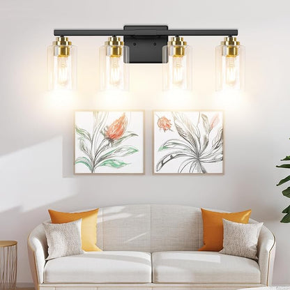 4-Light Bathroom Light Fixtures, 27" Modern Vanity Lights Over Mirror with Clear Glass Shades, Black & Gold Wall Sconce, Classic Wall Light Fixture for Mirror Living Room Cabinet Bedroom Porch Kitchen